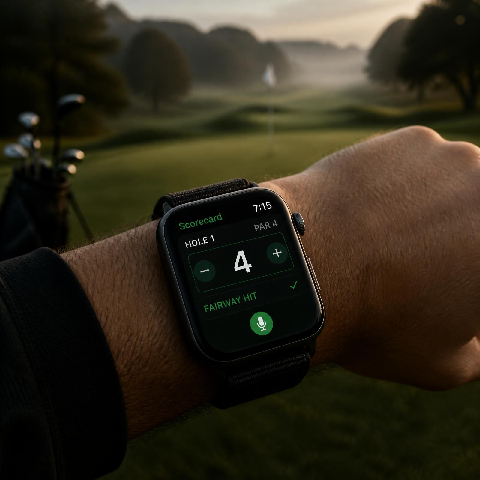 Apple Watch på handled visar PinSetter scorekort över en morgondimmig fairway